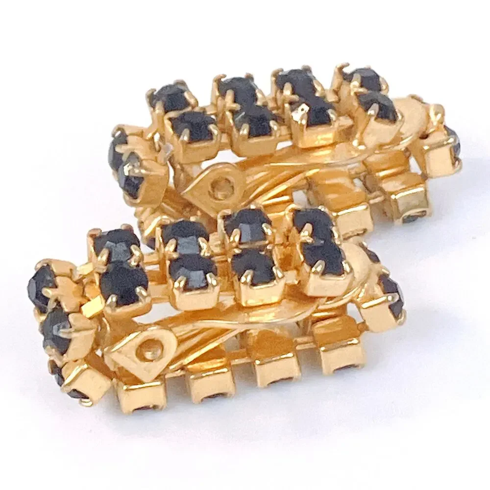 Vintage Unique Mid Century Black Rhinestone Wrap Around Clip On Earrings
